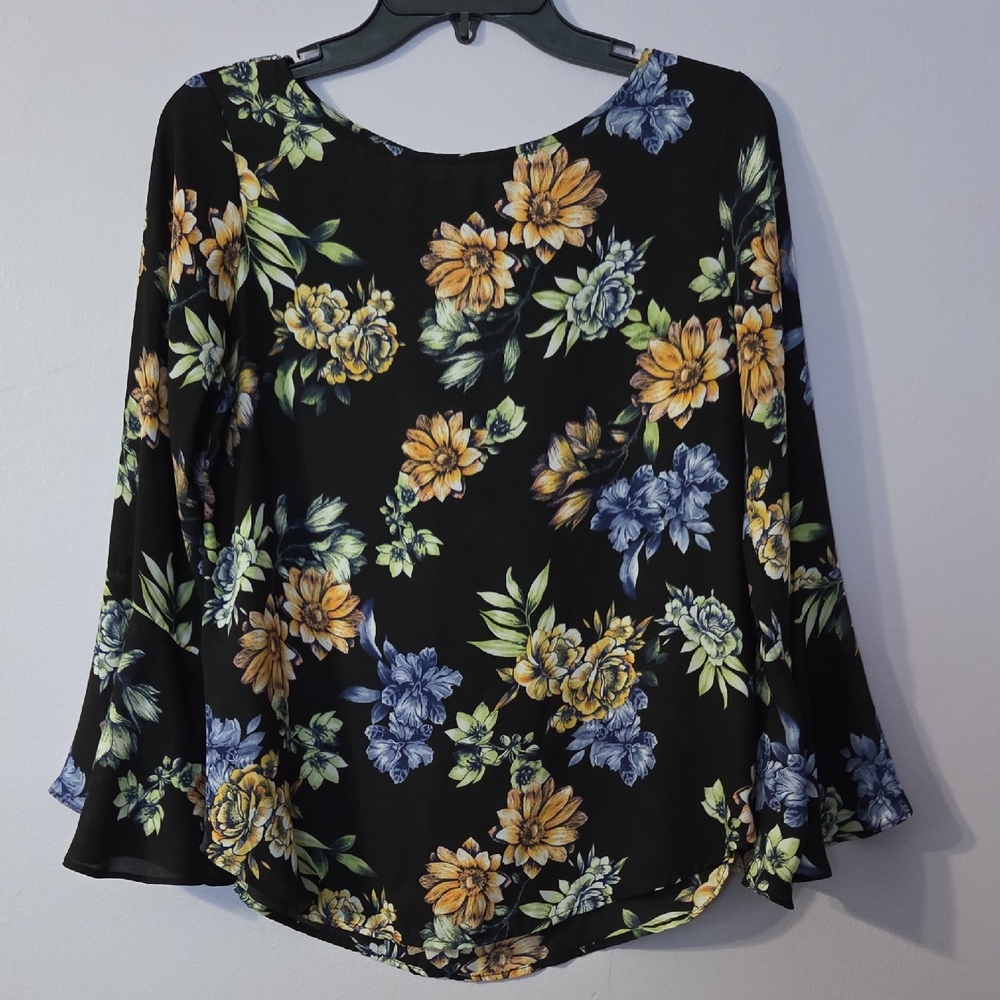 Counterparts Black Floral Bell-Sleeve Top with Yellow & Blue Flowers Womens S